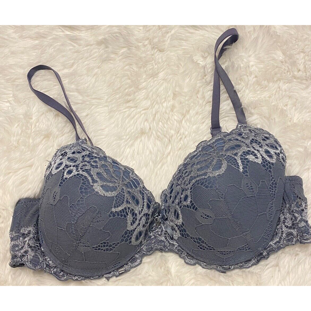 XOXO Womens Sz 34C Gray Blue Lace Push Up Padded Bra Underwire Support, 1870